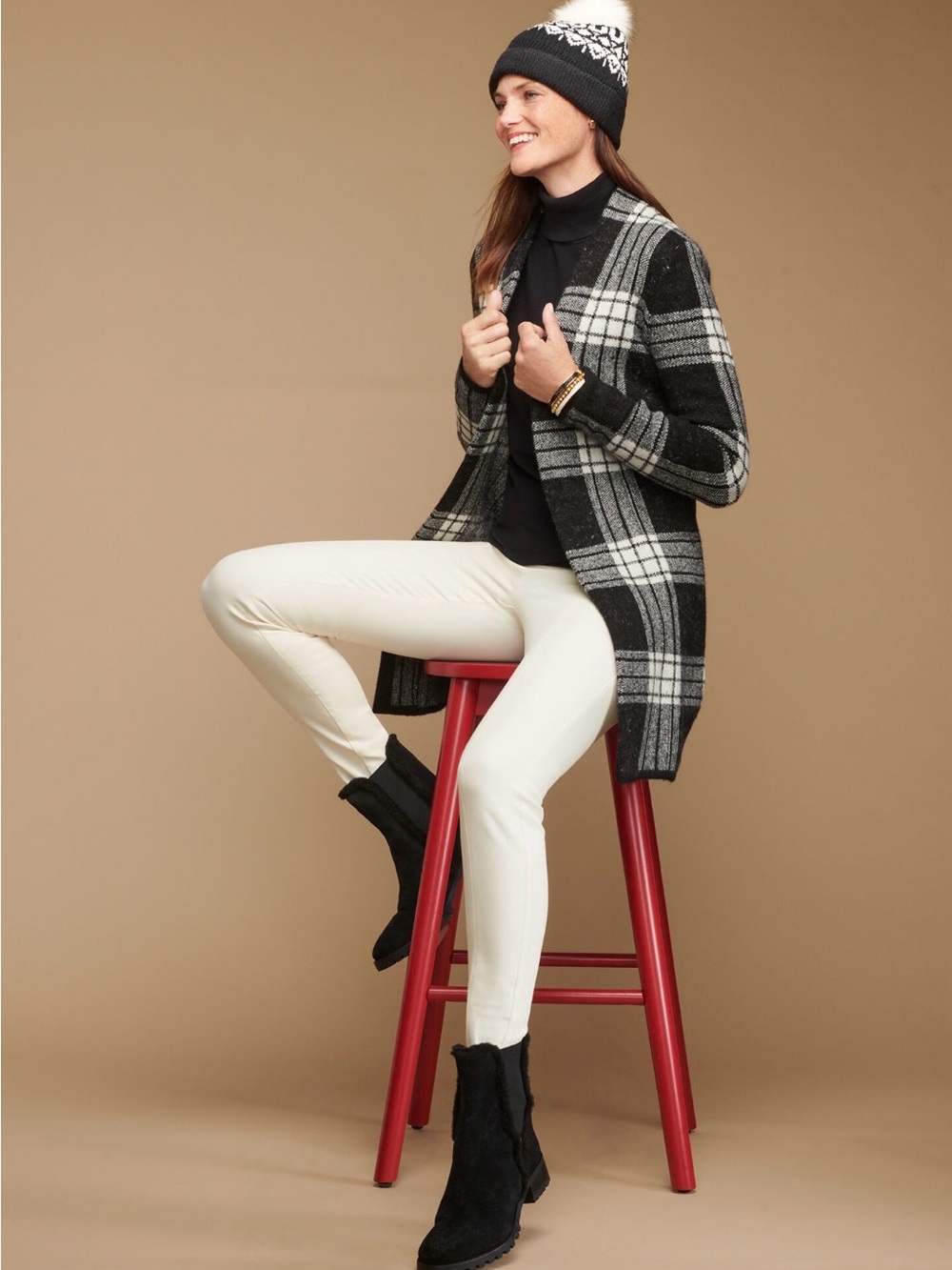 NWT Talbots Open-Front Plaid Cardigan - Black, White & Burgundy XLP